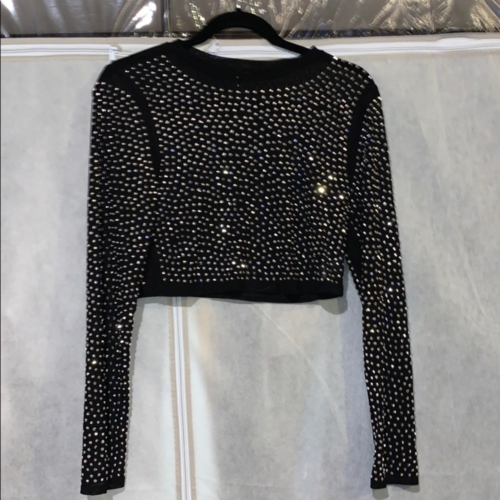 Long sleeve bedazzled black crop top